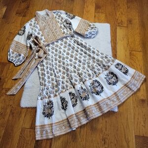 Sue Sartor Anthropologie Flounce Dress Women's Large Belted Cotton Pockets Long